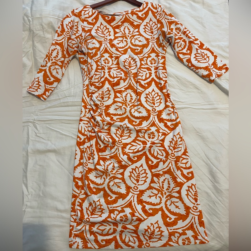 J. McLaughlin orange and white leaf print sheath dress